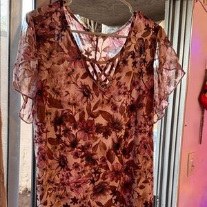 Floral Sheer Women's Top - Pink and Brown